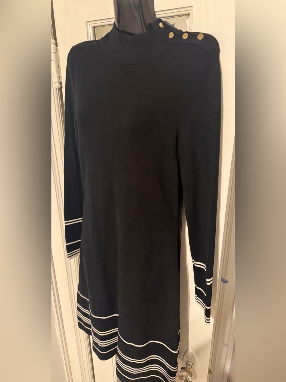Ann Taylor Black White Striped Trim Mock Neck Sweater Dress Gold Buttons Medium - Picture 2 of 7